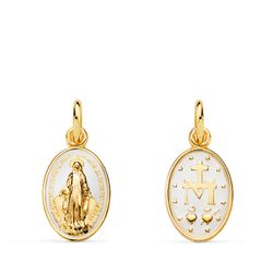 Medalla Oro 9kts Virgen Milagrosa Esmalte Blanco Óvalo 9K22386-BL 16x10mm