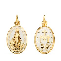 Medalla Oro 9kts Virgen Milagrosa Esmalte Blanco Óvalo 9K22387-BL 20x14mm