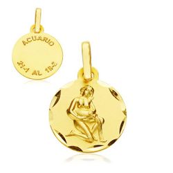 Medalla Oro 9kts Zodiaco Acuario Tallada 9K260174AC 13mm