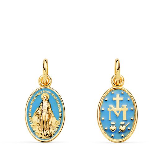 Miraculous Virgin Medal Blue Oval Blue 18kt Gold 16x10mm 22386-AZ