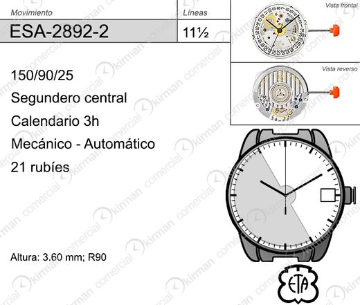 Movimiento Reloj Automático ETA ESA-2892-2