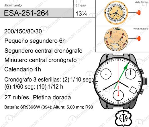 Movimiento Reloj Cuarzo ETA ESA-251-264 Calendario 4H