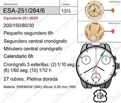 Movimiento Reloj Cuarzo ETA ESA-251-264/6 Calendario 6H