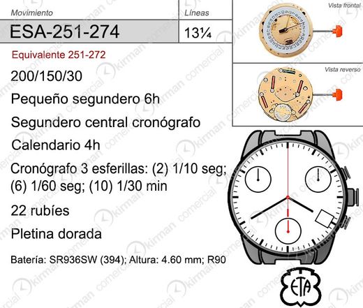 Movimiento Reloj Cuarzo ETA ESA-251-274 Calendario 4H