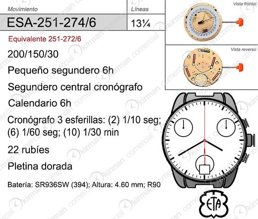 Movimiento Reloj Cuarzo ETA ESA-251-274/6 Calendario 6h