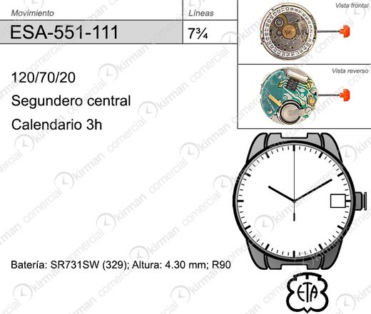 Movimiento Reloj Cuarzo ETA ESA-551-111 Calendario 3h