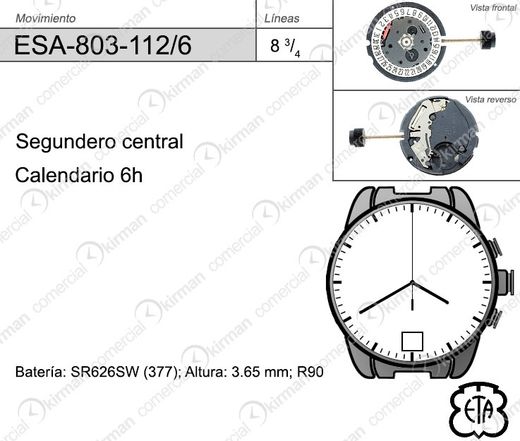 Movimiento Reloj Cuarzo ETA ESA-803-112/6 Calendario 6H