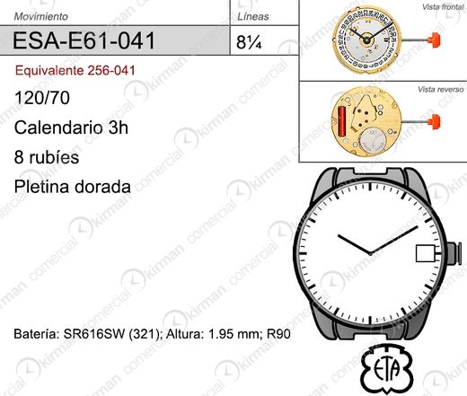 Movimiento Reloj Cuarzo ETA ESA-E61-041 Calendario 3H