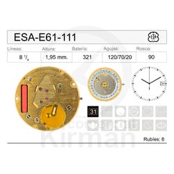 Movimiento Reloj Cuarzo ETA ESA-E61-111 Calendario 3H