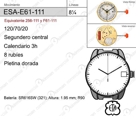 Movimiento Reloj Cuarzo ETA ESA-E61-111 Calendario 3H