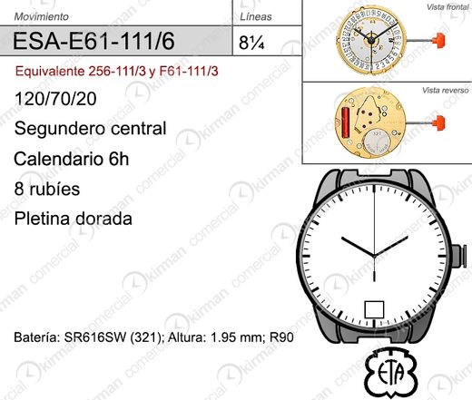 Movimiento Reloj Cuarzo ETA ESA-E61-111/6 Calendario 6H