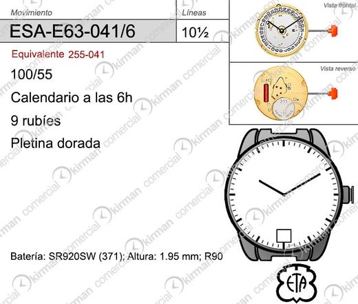 Movimiento Reloj Cuarzo ETA ESA-E63-041/6 Calendario 6H