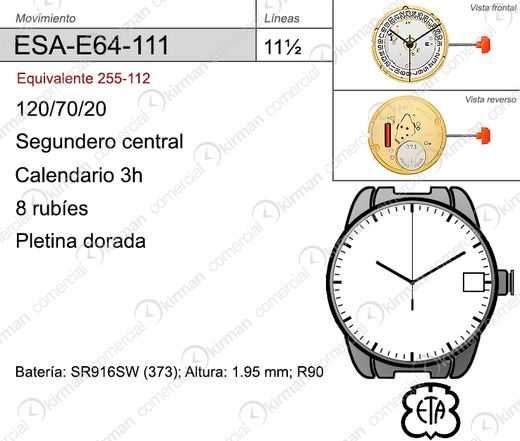 Movimiento Reloj Cuarzo ETA ESA-E64-111 Calendario 3H