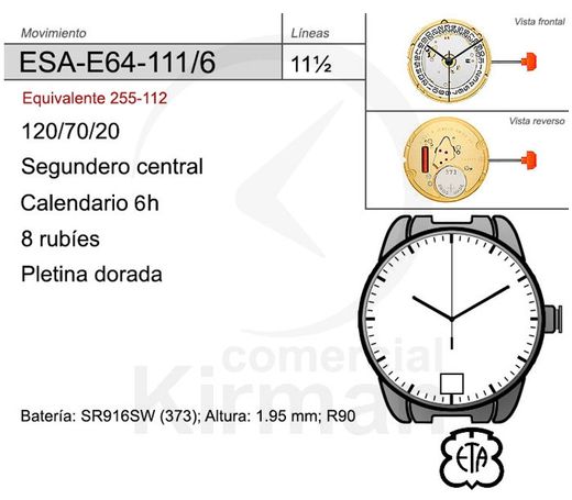 Movimiento Reloj Cuarzo ETA ESA-E64-111/6 Calendario 6H