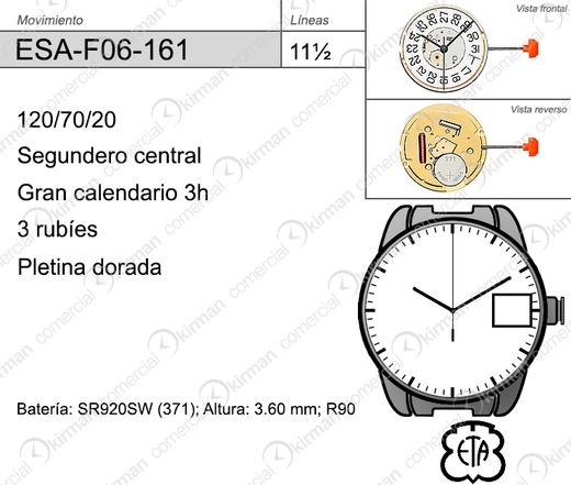 Movimiento Reloj Cuarzo ETA ESA-F06-161 Calendario 3H