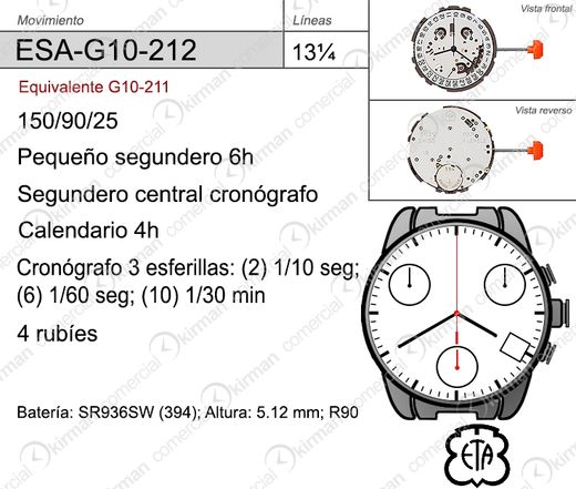 Movimiento Reloj Cuarzo ETA ESA-G10-212 Calendario 4H