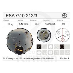 Movimiento Reloj Cuarzo ETA ESA-G10-212/3 Calendario 3H