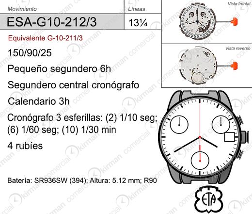 Movimiento Reloj Cuarzo ETA ESA-G10-212/3 Calendario 3H