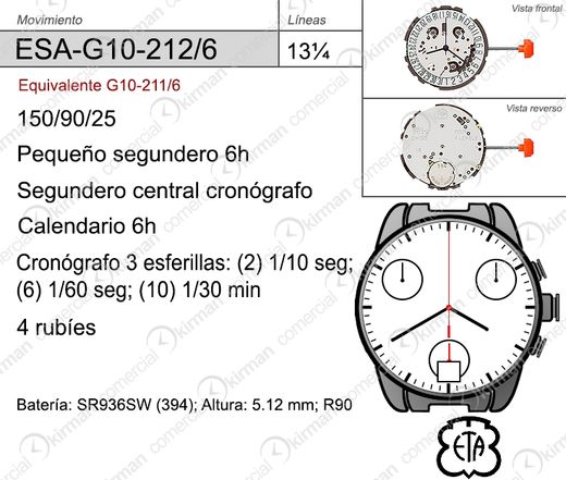 Movimiento Reloj Cuarzo ETA ESA-G10-212/6 Calendario 6H