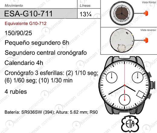Movimiento Reloj Cuarzo ETA ESA-G10-712 Calendario 4H