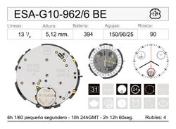 Movimiento Reloj Cuarzo ETA ESA-G10-962/6 GMT Calendario 6H