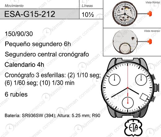 Movimiento Reloj Cuarzo ETA ESA-G15-212 Calendario 4H