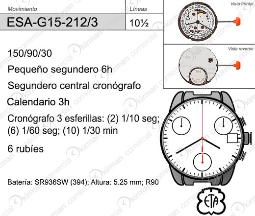 Movimiento Reloj Cuarzo ETA ESA-G15-212/3 Calendario 3H