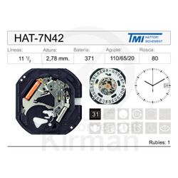 Movimiento Reloj Hattori Cuarzo HAT-7N42 con calendario a las 3H