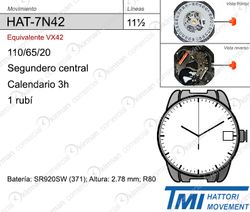 Movimiento Reloj Hattori Cuarzo HAT-7N42 con calendario a las 3H