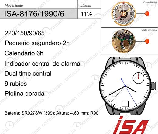 Movimiento Reloj Isa Cuarzo ISA-8176/1990/6 Calendario 6H