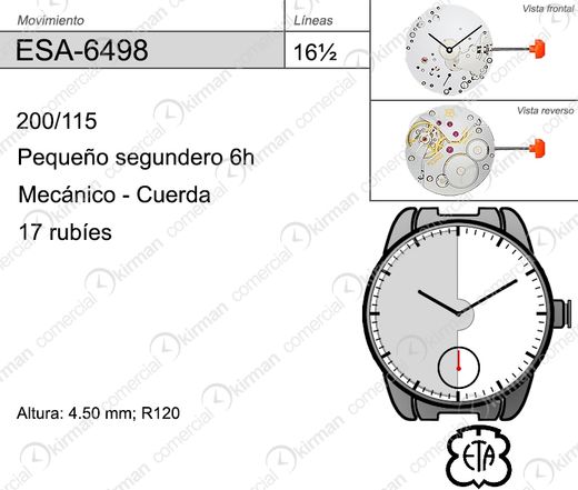 Movimiento Reloj Mecánico Cuerda Manual ETA ESA-6498