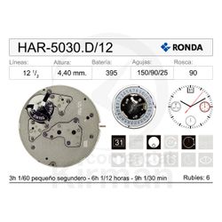 Movimiento Reloj Ronda Cuarzo AR-5030.D/12 Calendario 12H