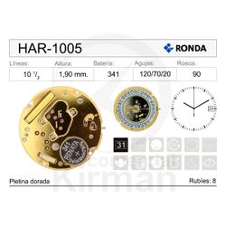 Movimiento Reloj Ronda Cuarzo HAR-1005 Calendario 3H