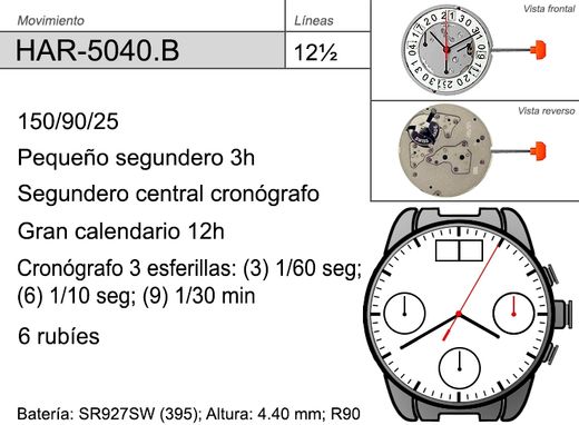 Movimiento Reloj Ronda Cuarzo HAR-5040.B Calendario 12H