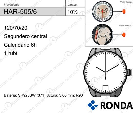 Movimiento Reloj Ronda Cuarzo HAR-505/6 Calendario 6H