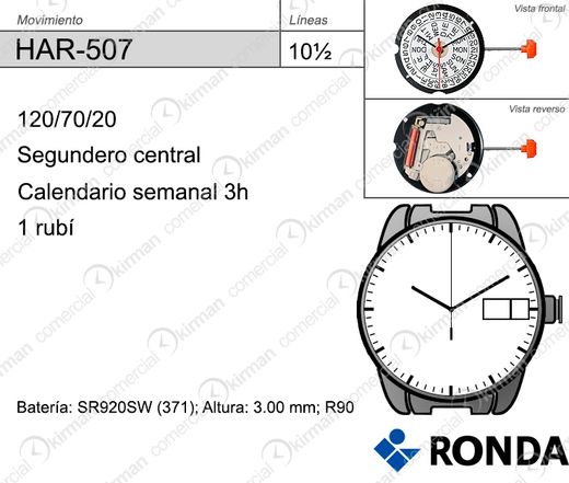 Movimiento Reloj Ronda Cuarzo HAR-507 Calendario 3H