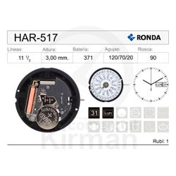Movimiento Reloj Ronda Cuarzo HAR-517 Calendario 3H
