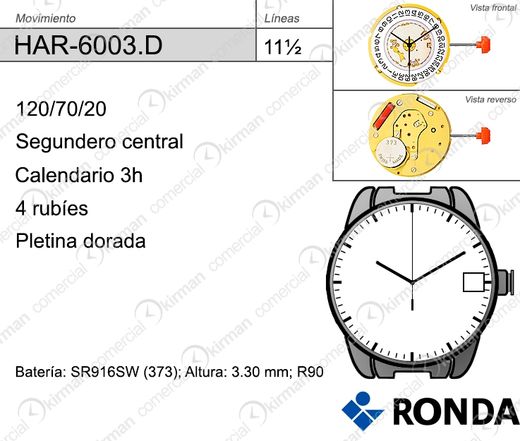 Movimiento Reloj Ronda Cuarzo HAR-6003.D Calendario 3H