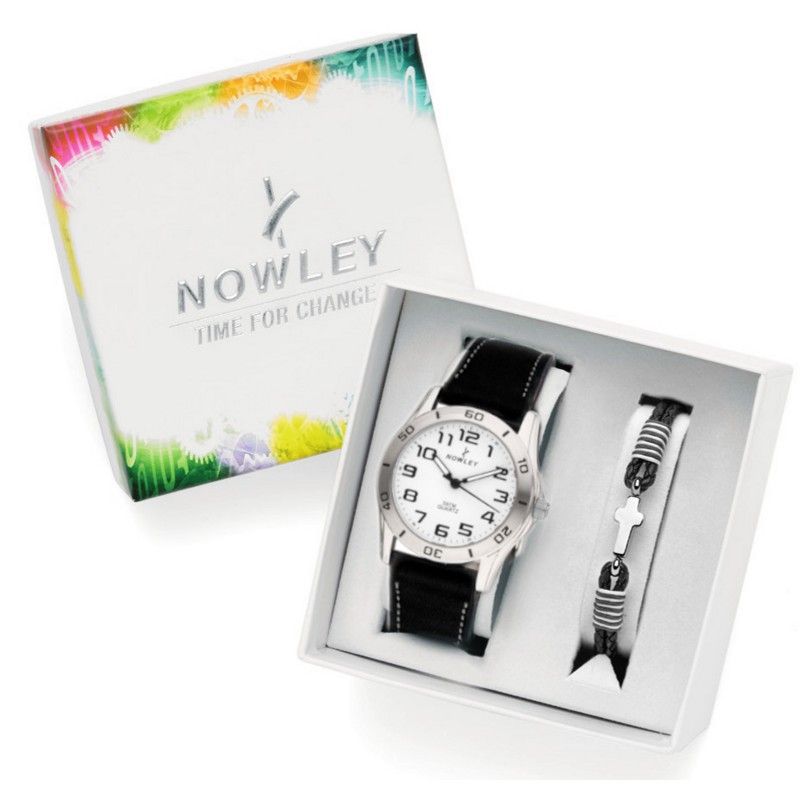 Pack Reloj Nowley Infantil 8-0989-0-1 Acero Piel Negra Analogico Pulsera Piel Negra