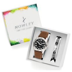 Pack Reloj Nowley Infantil 8-0989-0-4 Acero Piel Marrón Analogico Pulsera Piel Negra