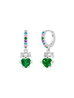 Pendientes Aro Plata Marea Niña D03601/DL Aro Colgante Gato C. Corazón Circonita Verde