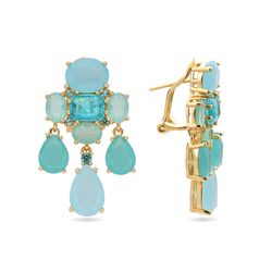 Pendientes Bronce Dorado Mujer PBM0057DOGA Piedras Minerales Calcedonia Azul