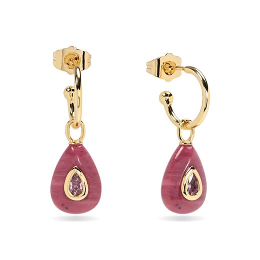 Pendientes Bronce Dorado Mujer PBM0058DORT Medio Aro Piedras Minerales Rodocrosita