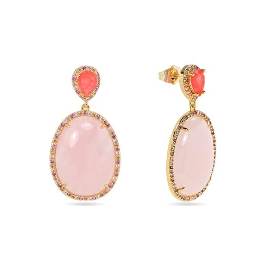 Pendientes Bronce Dorado Mujer PBM0062DOCR Piedras Minerales Cuarzo Rosa
