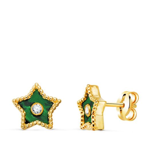 Malachite Star Earrings with Zirconia in 18kt Gold, 9x9mm, 21433
