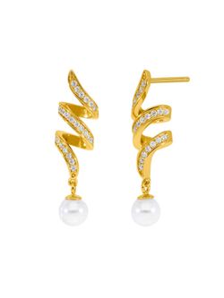 Pendientes Marea Plata Dorada D03101/BE Espiral Circonitas Colgante Perla Blanca
