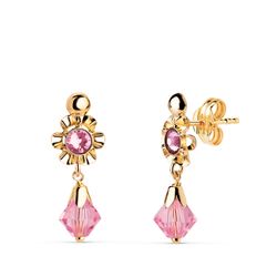 Pendientes Oro 18kts 18x6,5mm 21452-RS Colgante Circonitas Rosa