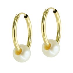 Pendientes Oro 18kts Aro Tubo 14X1,5mm Colgante Perla 6-6,5mm 0700012