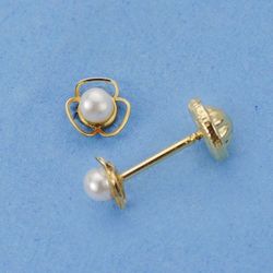 Pendientes Oro 18kts Bebe Perla Trebol 15956