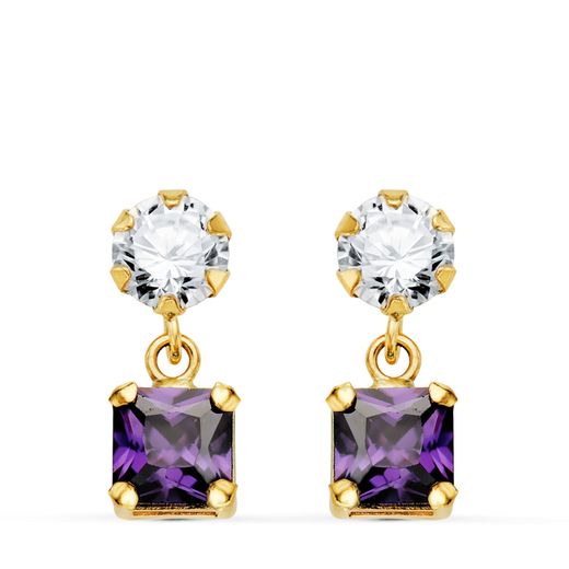 Pendientes Oro 18kts Circonita Colgante Circonitas Moradas 14x5mm N8987-3PAT